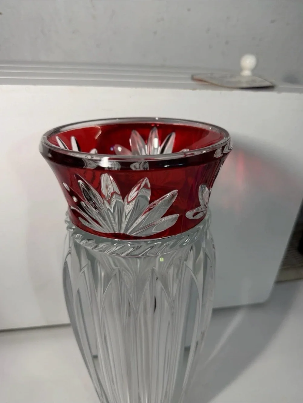 Clear Cut Crystal Vase with Red Rim Accent
